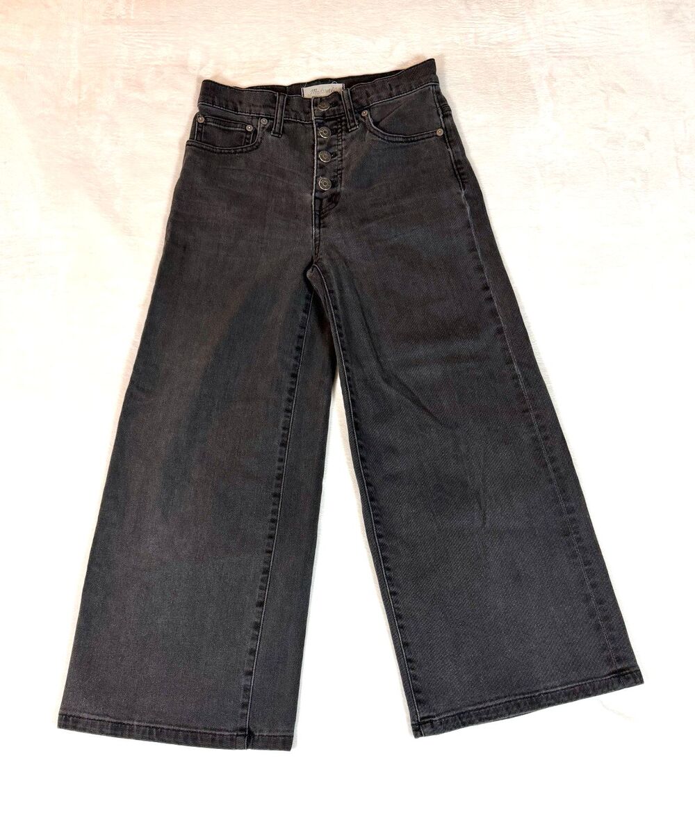 Madewell Wide Leg Crop Jeans Womens 24 Black Mid Rise Button Fly Denim